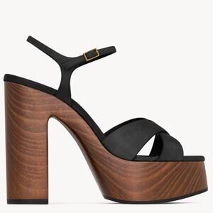 Saint Laurent | Bianca Platform Sandals Black Leather Wooden Block Heel 39 / 9